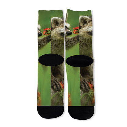 Raccoon And Flower Print Long Socks
