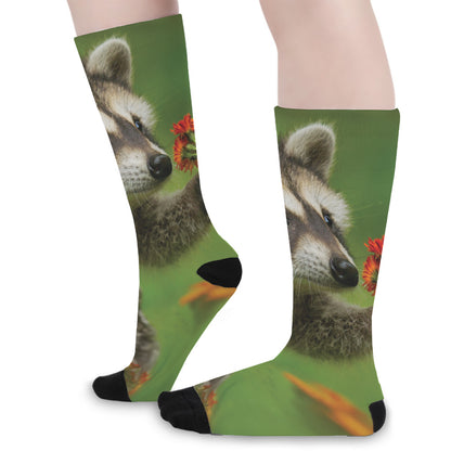 Raccoon And Flower Print Long Socks