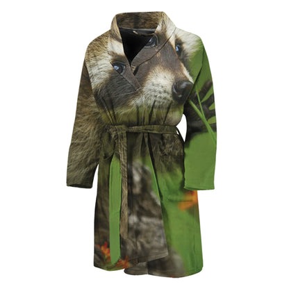 Raccoon And Flower Print Men's Bathrobe