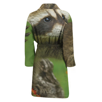 Raccoon And Flower Print Men's Bathrobe