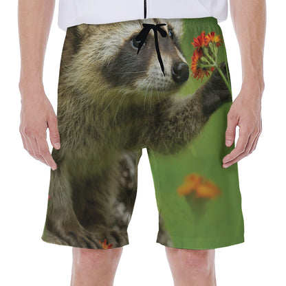 Raccoon And Flower Print Men's Beach Shorts