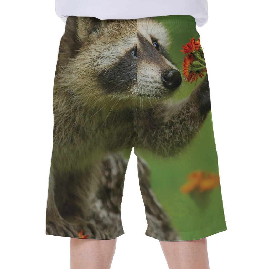 Raccoon And Flower Print Men's Beach Shorts