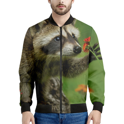 Raccoon And Flower Print Men's Bomber Jacket