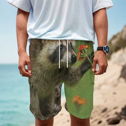 Raccoon And Flower Print Men's Cargo Shorts