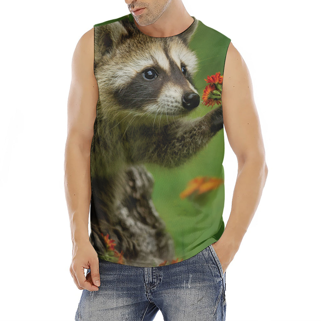 Raccoon And Flower Print Men's Fitness Tank Top