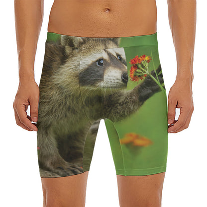 Raccoon And Flower Print Men's Long Boxer Briefs