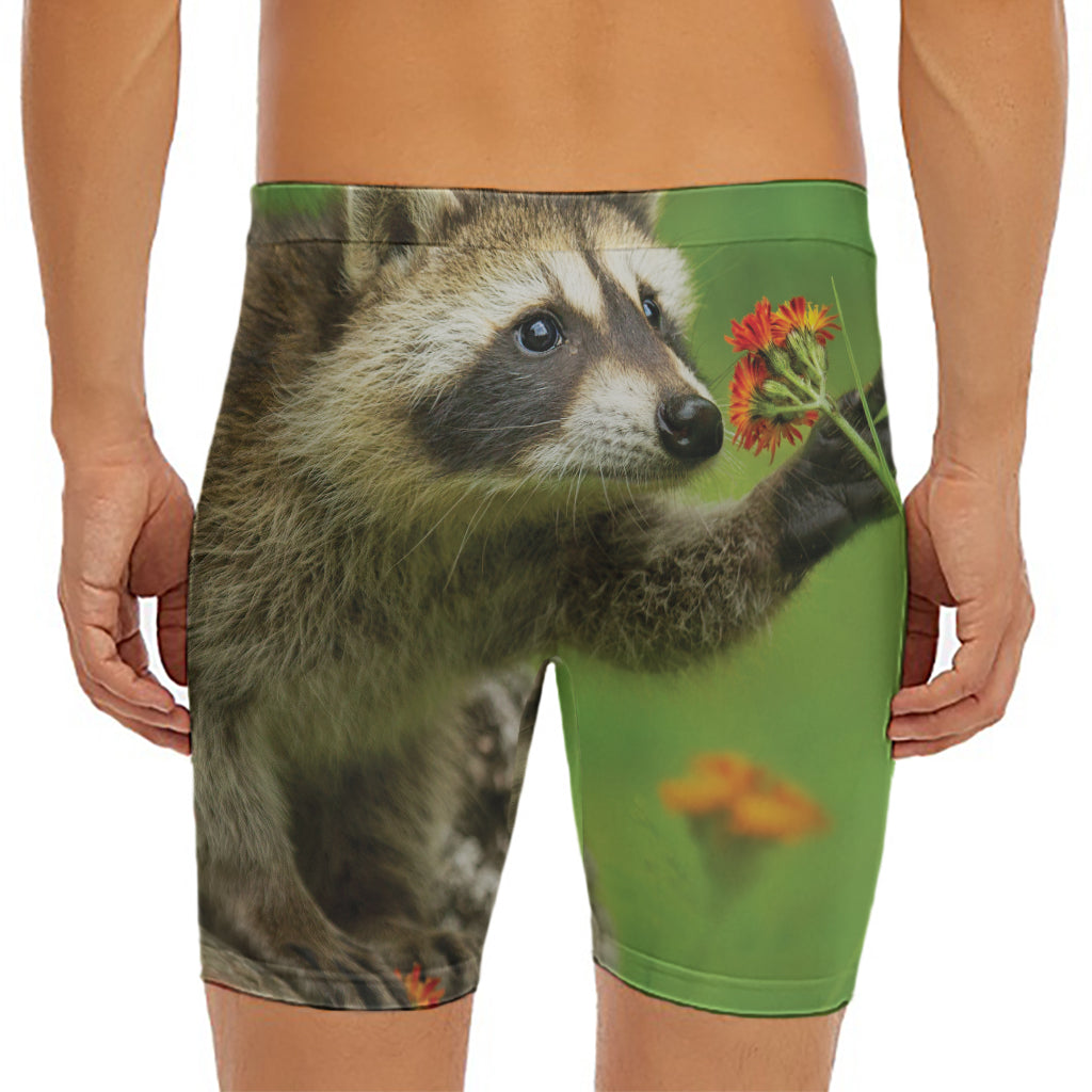 Raccoon And Flower Print Men's Long Boxer Briefs