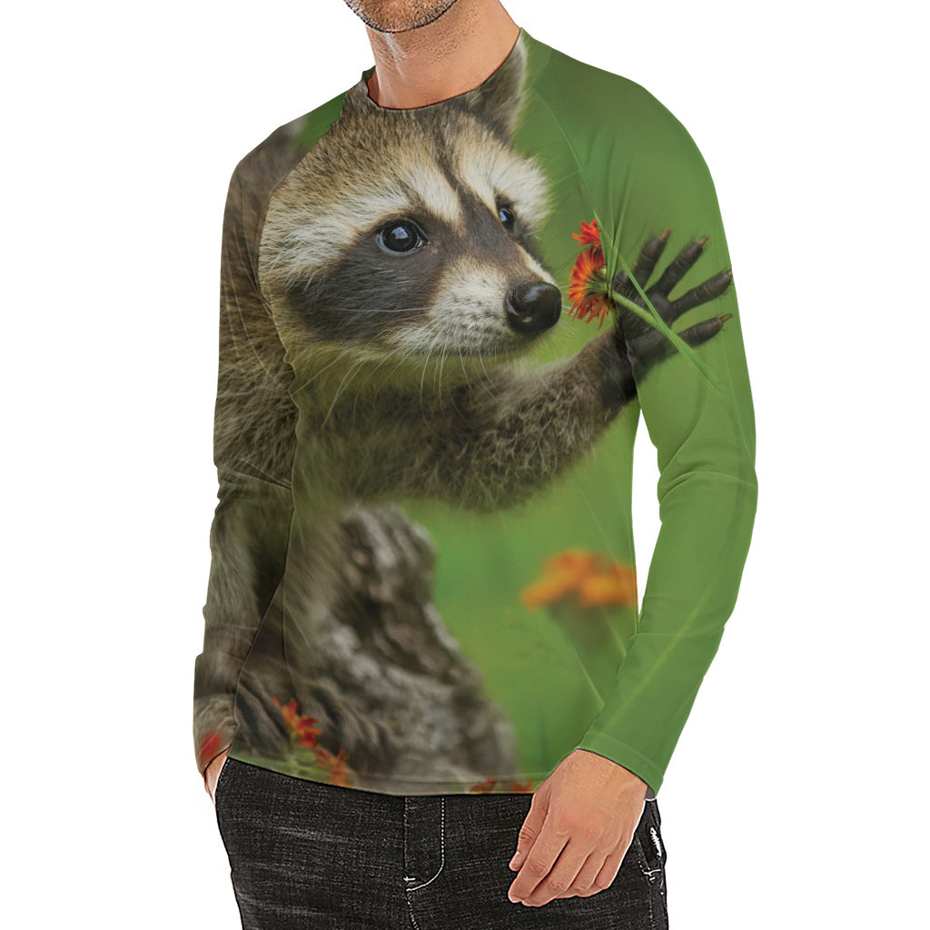 Raccoon And Flower Print Men's Long Sleeve Rash Guard