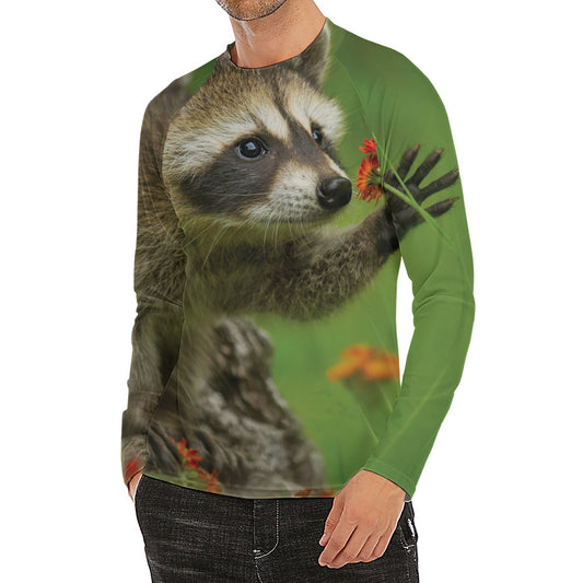 Raccoon And Flower Print Men's Long Sleeve Rash Guard