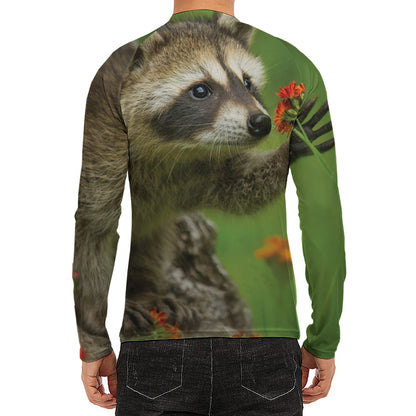 Raccoon And Flower Print Men's Long Sleeve Rash Guard