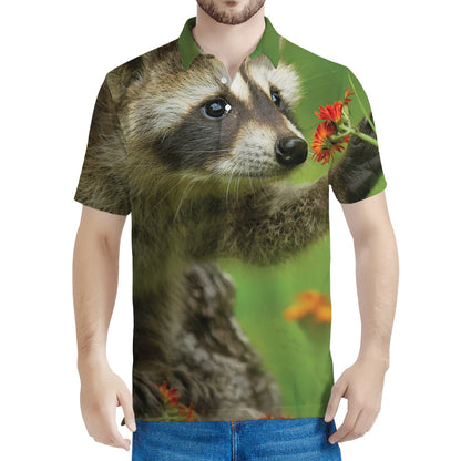 Raccoon And Flower Print Men's Polo Shirt