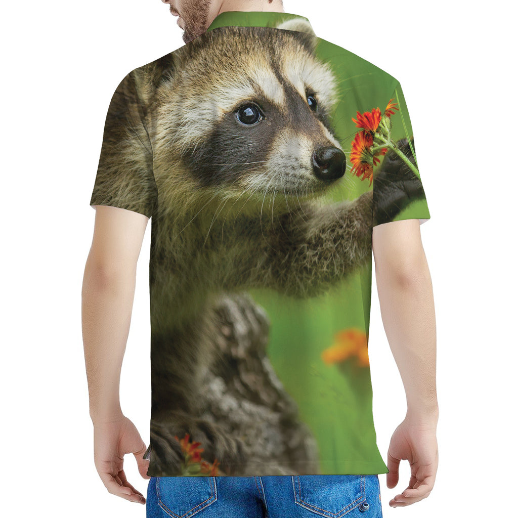 Raccoon And Flower Print Men's Polo Shirt