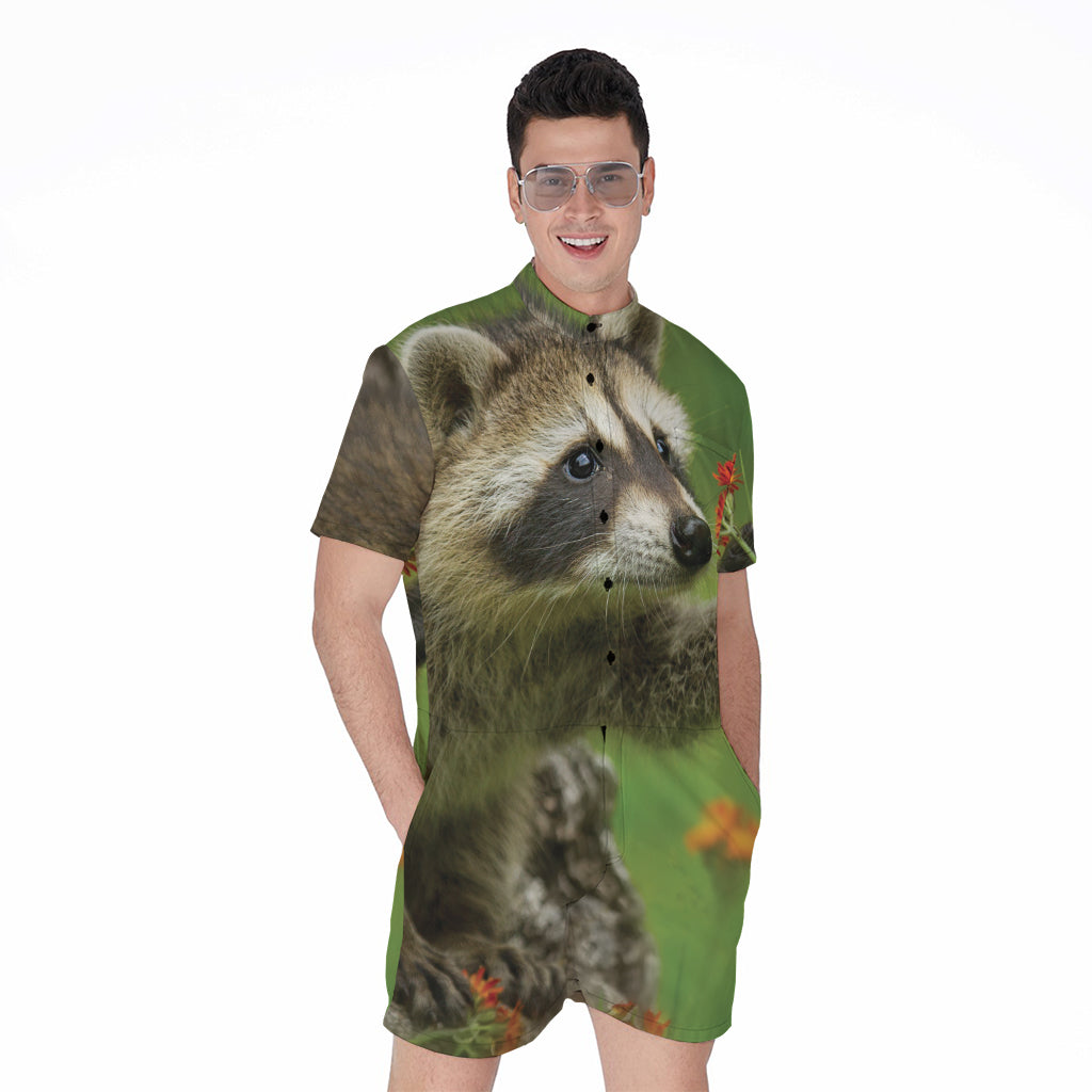 Raccoon And Flower Print Men's Rompers