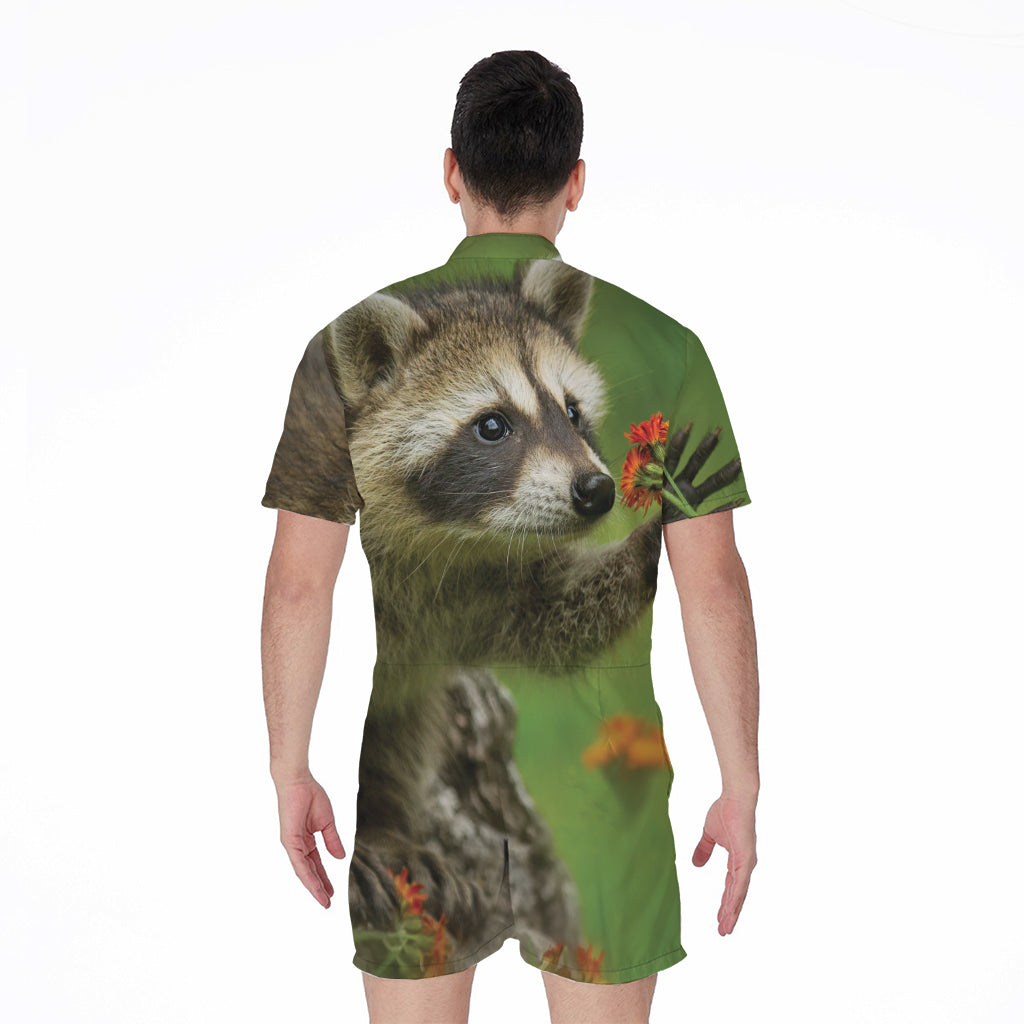 Raccoon And Flower Print Men's Rompers