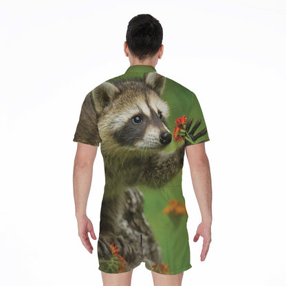 Raccoon And Flower Print Men's Rompers