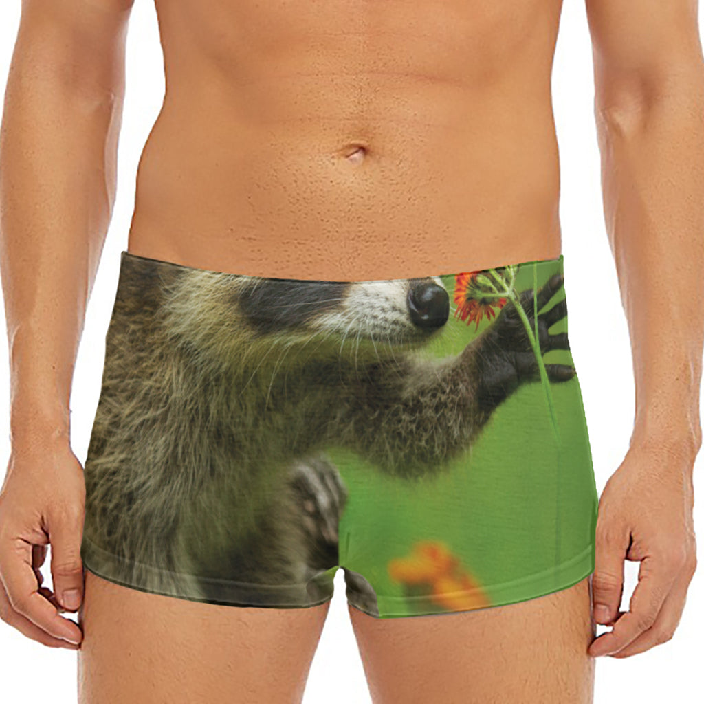 Raccoon And Flower Print Men's Short Boxer Briefs