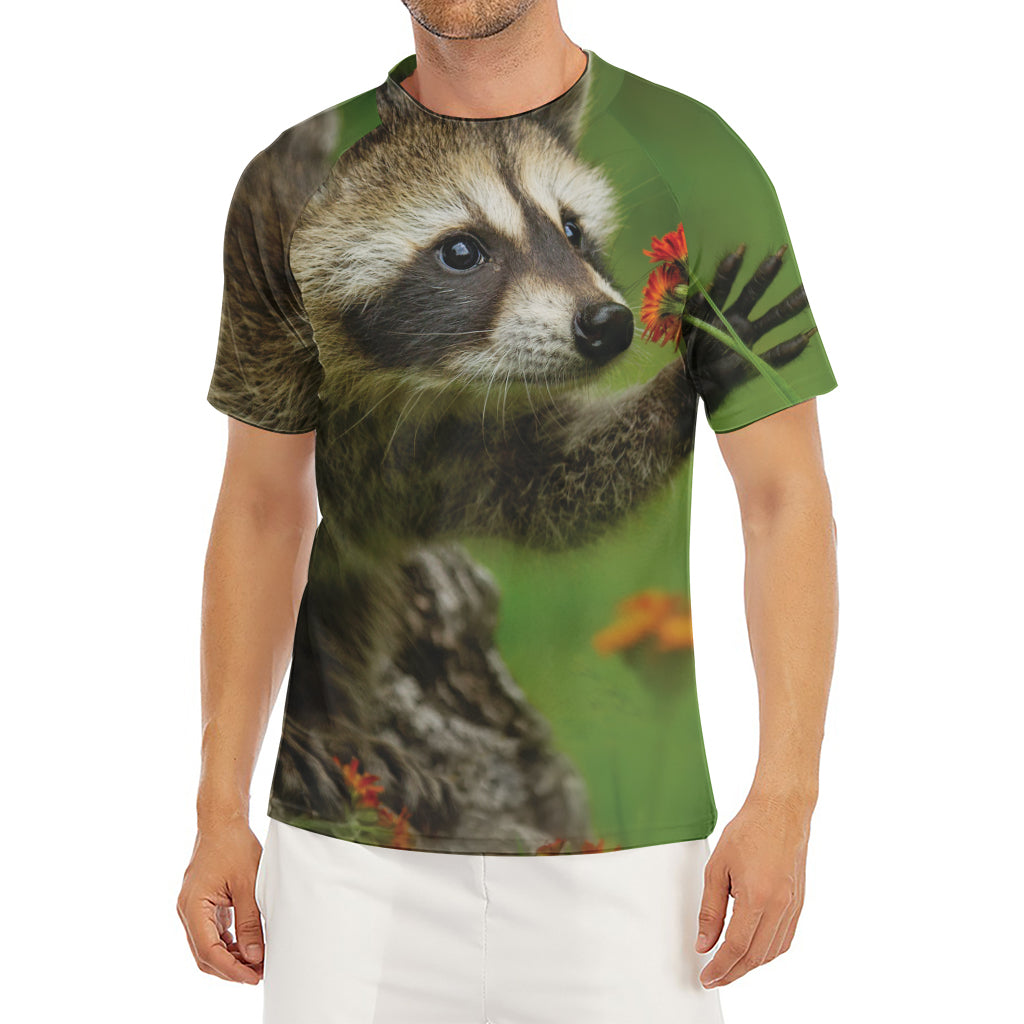 Raccoon And Flower Print Men's Short Sleeve Rash Guard