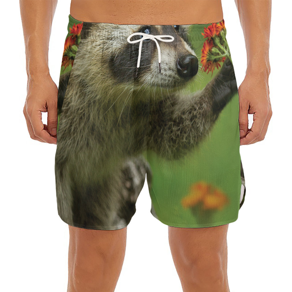 Raccoon And Flower Print Men's Split Running Shorts