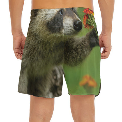 Raccoon And Flower Print Men's Split Running Shorts