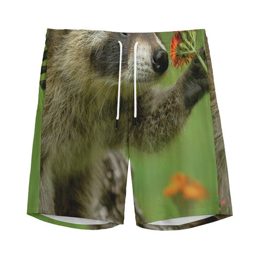 Raccoon And Flower Print Men's Sports Shorts