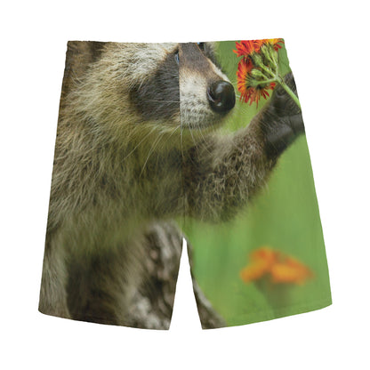 Raccoon And Flower Print Men's Sports Shorts