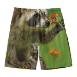 Raccoon And Flower Print Men's Swim Trunks