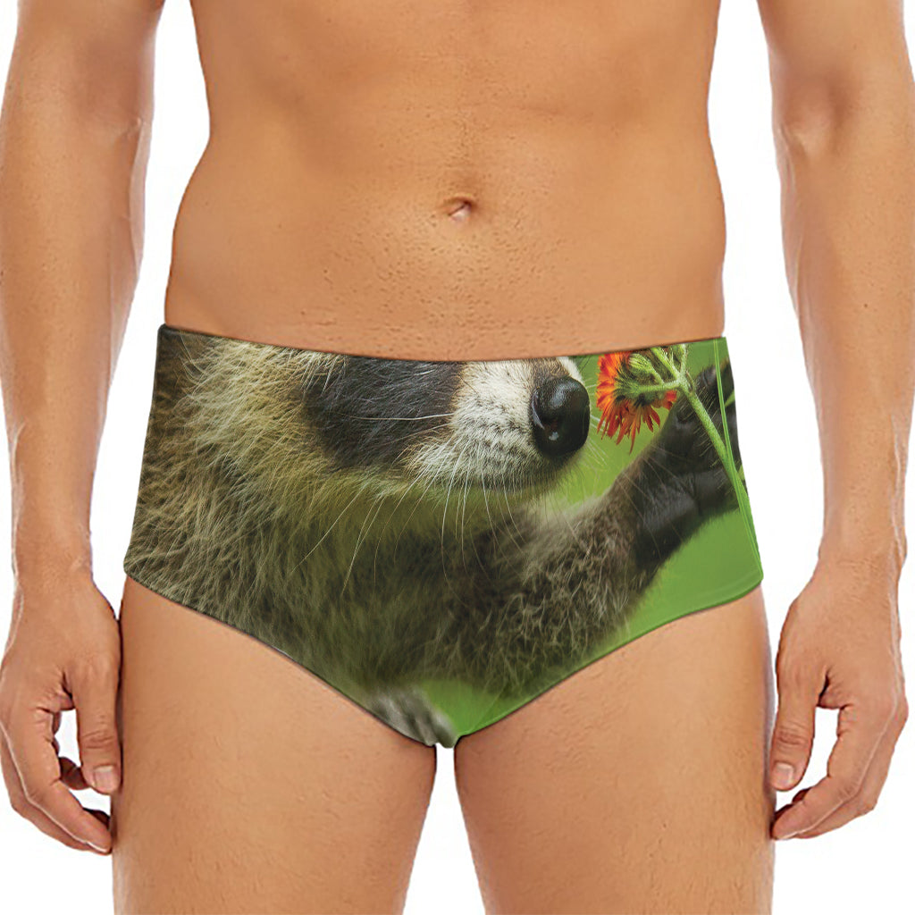 Raccoon And Flower Print Men's Triangle Swim Briefs