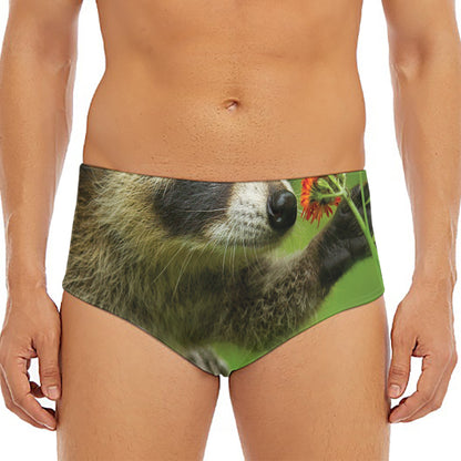 Raccoon And Flower Print Men's Triangle Swim Briefs