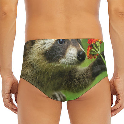 Raccoon And Flower Print Men's Triangle Swim Briefs