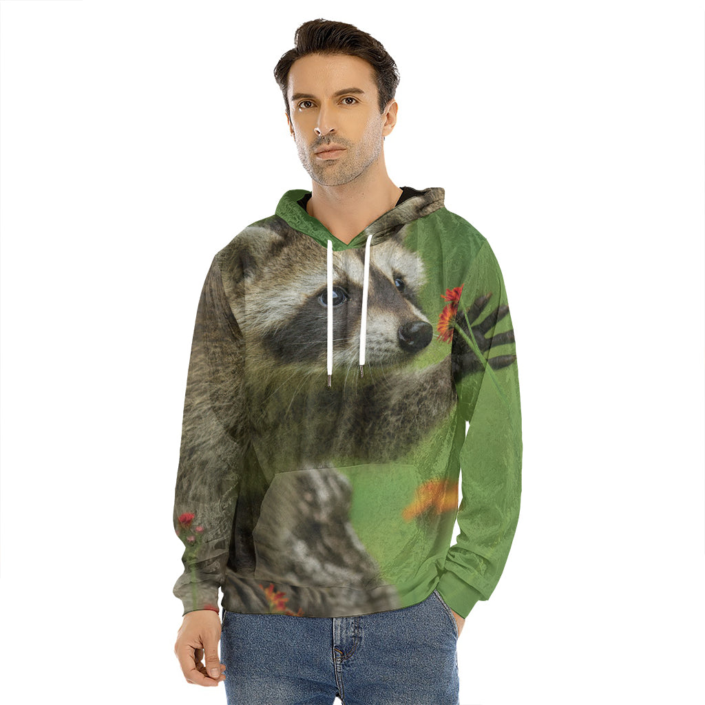 Raccoon And Flower Print Men's Velvet Pullover Hoodie