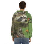 Raccoon And Flower Print Men's Velvet Pullover Hoodie