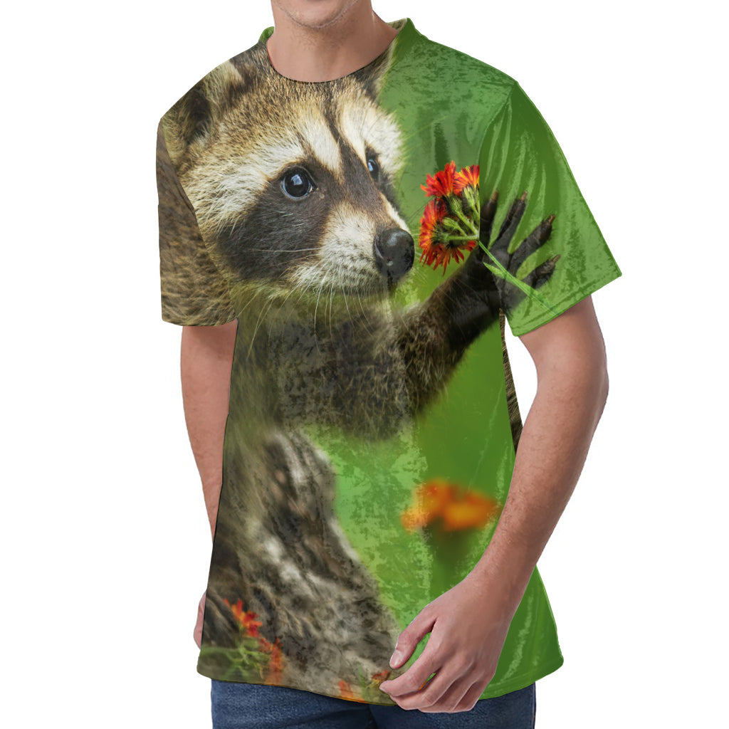 Raccoon And Flower Print Men's Velvet T-Shirt