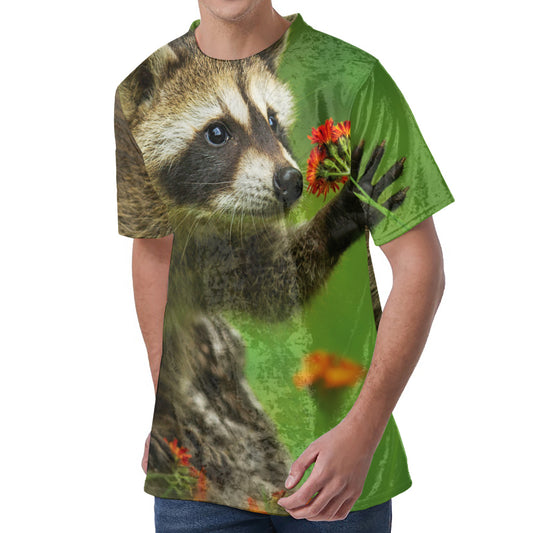Raccoon And Flower Print Men's Velvet T-Shirt
