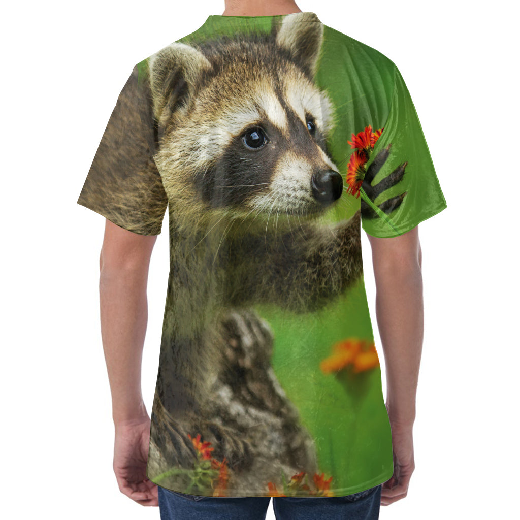Raccoon And Flower Print Men's Velvet T-Shirt