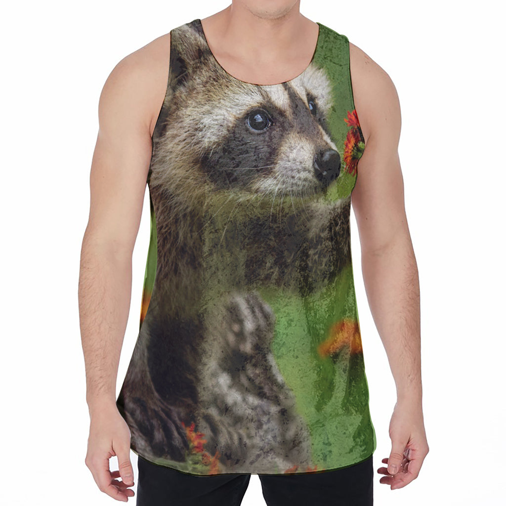 Raccoon And Flower Print Men's Velvet Tank Top