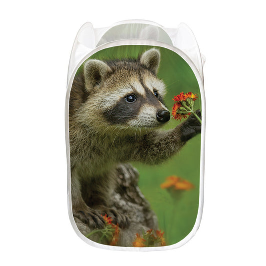 Raccoon And Flower Print Mesh Laundry Hamper