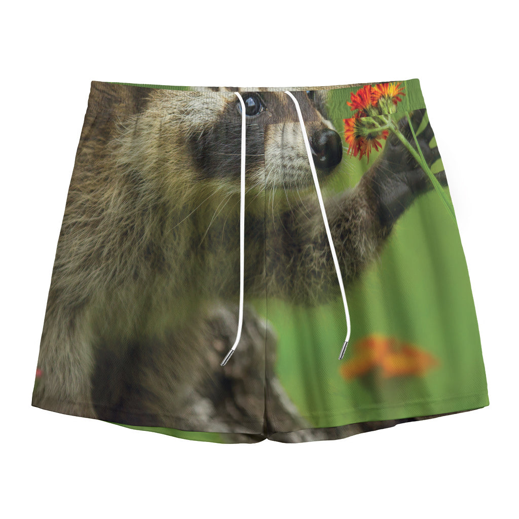 Raccoon And Flower Print Mesh Shorts