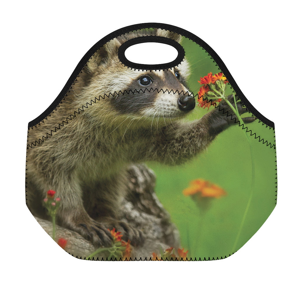 Raccoon And Flower Print Neoprene Lunch Bag