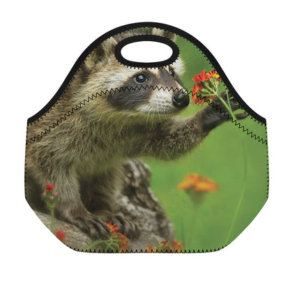 Raccoon And Flower Print Neoprene Lunch Bag