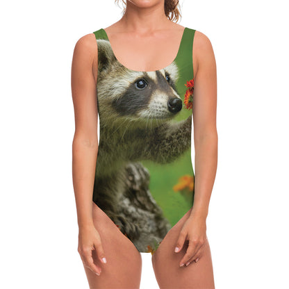 Raccoon And Flower Print One Piece Swimsuit