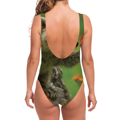 Raccoon And Flower Print One Piece Swimsuit