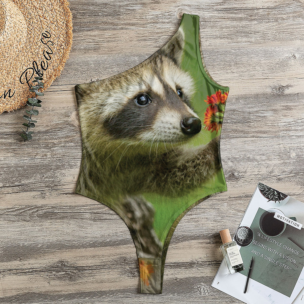 Raccoon And Flower Print One Shoulder Bodysuit
