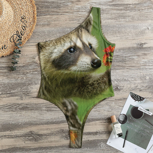 Raccoon And Flower Print One Shoulder Bodysuit