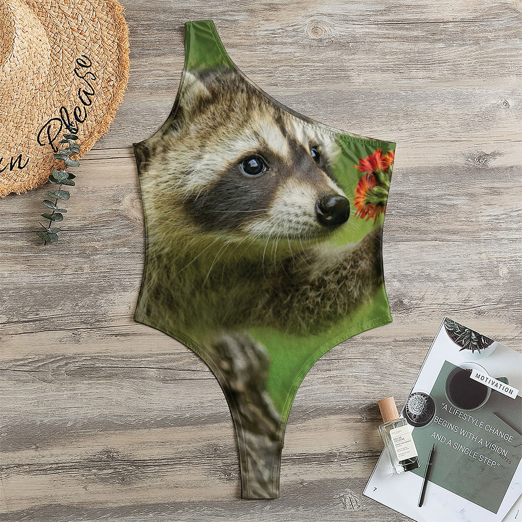 Raccoon And Flower Print One Shoulder Bodysuit