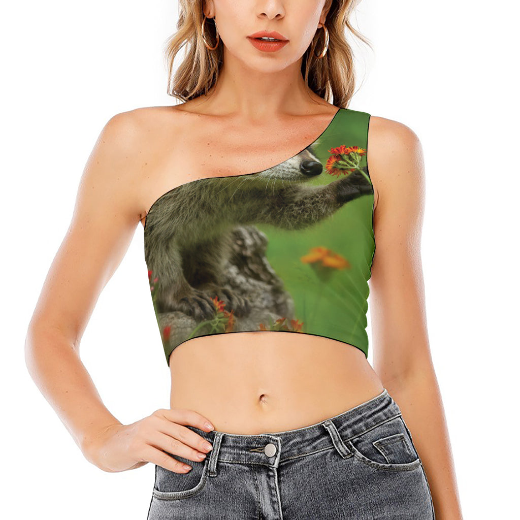 Raccoon And Flower Print One Shoulder Crop Top