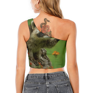 Raccoon And Flower Print One Shoulder Crop Top