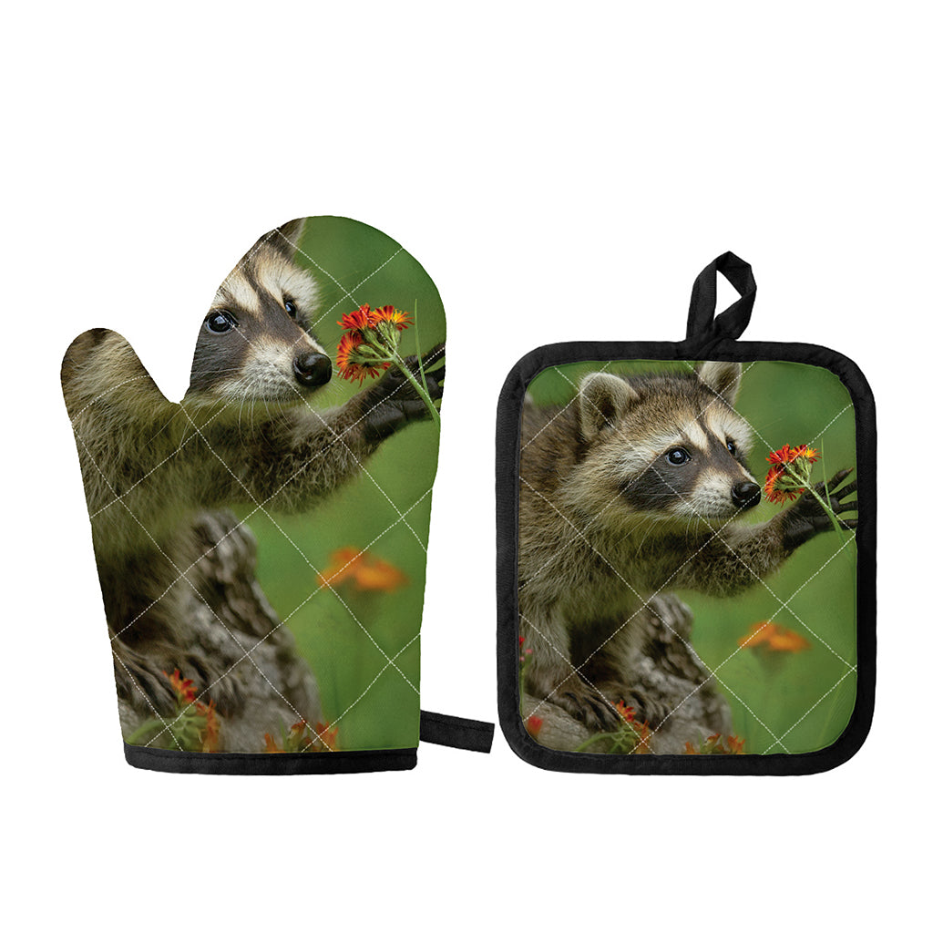 Raccoon And Flower Print Oven Mitt And Pot Holder Set