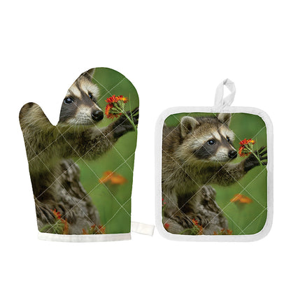 Raccoon And Flower Print Oven Mitt And Pot Holder Set