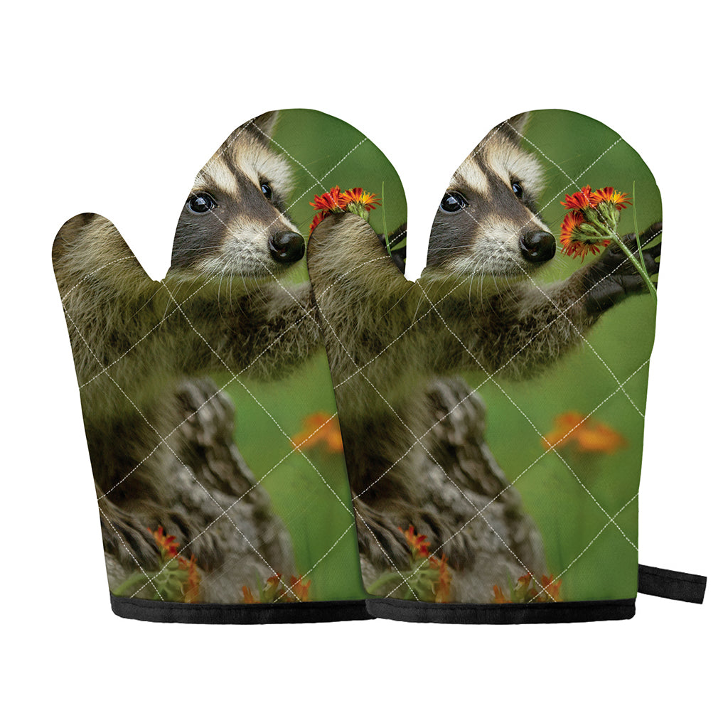 Raccoon And Flower Print Oven Mitts