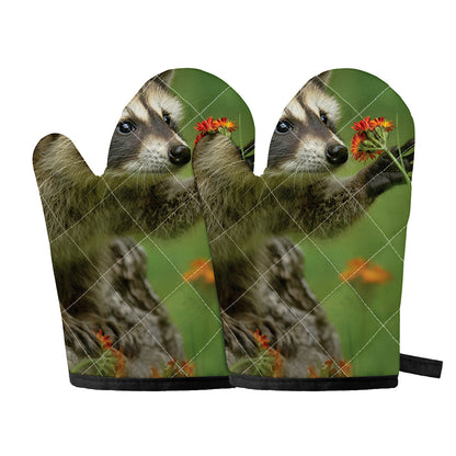 Raccoon And Flower Print Oven Mitts
